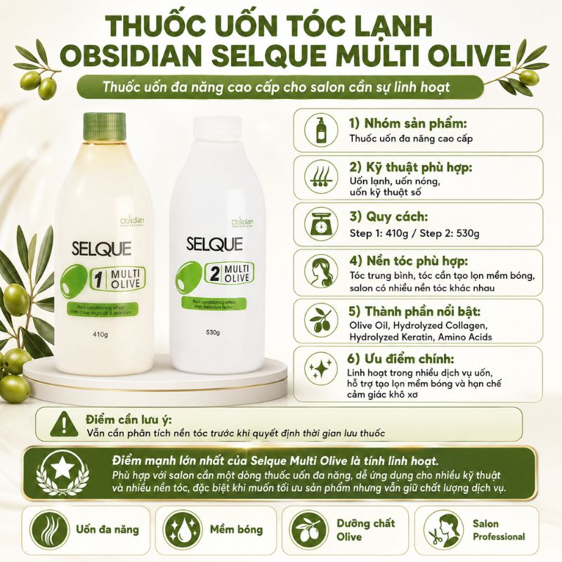 Thuốc uốn tóc lạnh Obsidian Selque Multi Olive – Thuốc uốn đa năng cao cấp cho salon cần sự linh hoạt