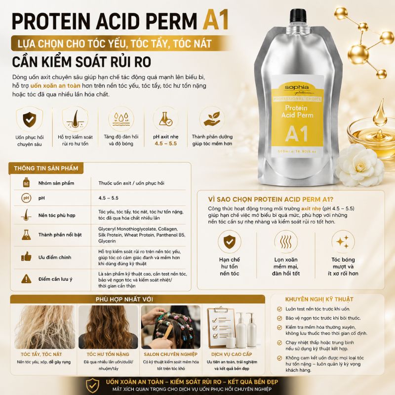Protein Acid Perm A1 Thuốc uốn tóc lạnh tốt nhất cho tóc yếu, tóc tẩy, tóc nát cần kiểm soát rủi ro